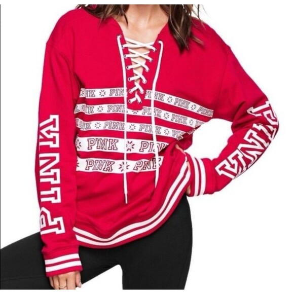 Victoria's Secret Tops - PINK by Victoria’s Secret Red Lace Up Sweatshirt Top Snowflakes Ski Winter Large